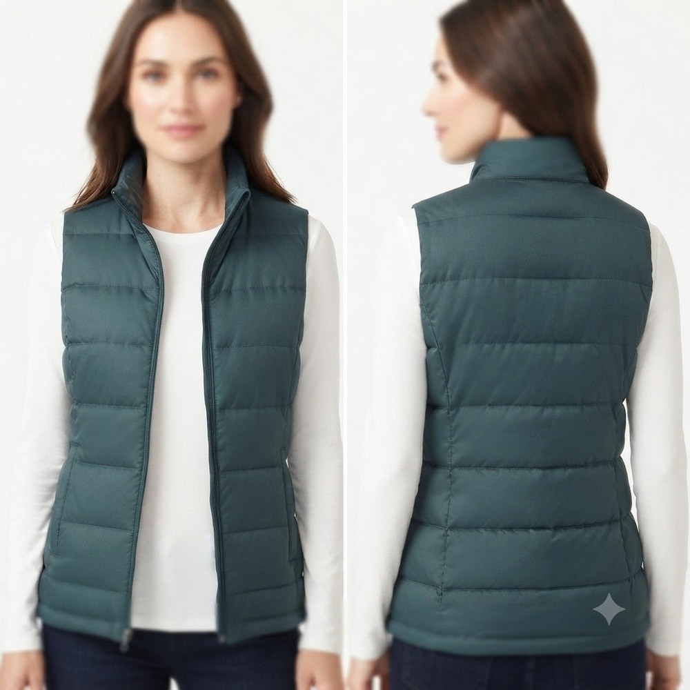 J. Jill Down Puffer Vest Womens Large Petite Green Quilted Full Zip Pockets Long